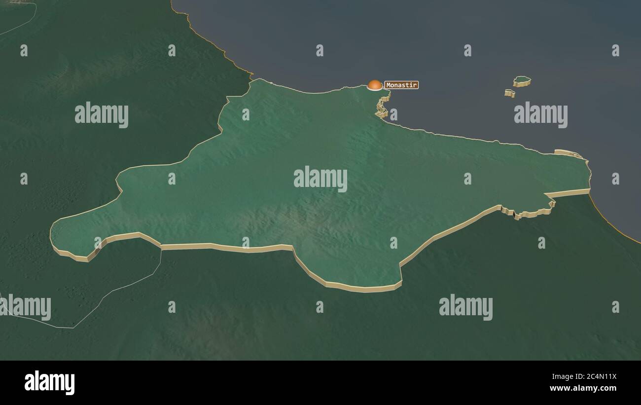 Zoom in on Monastir (governorate of Tunisia) extruded. Oblique ...