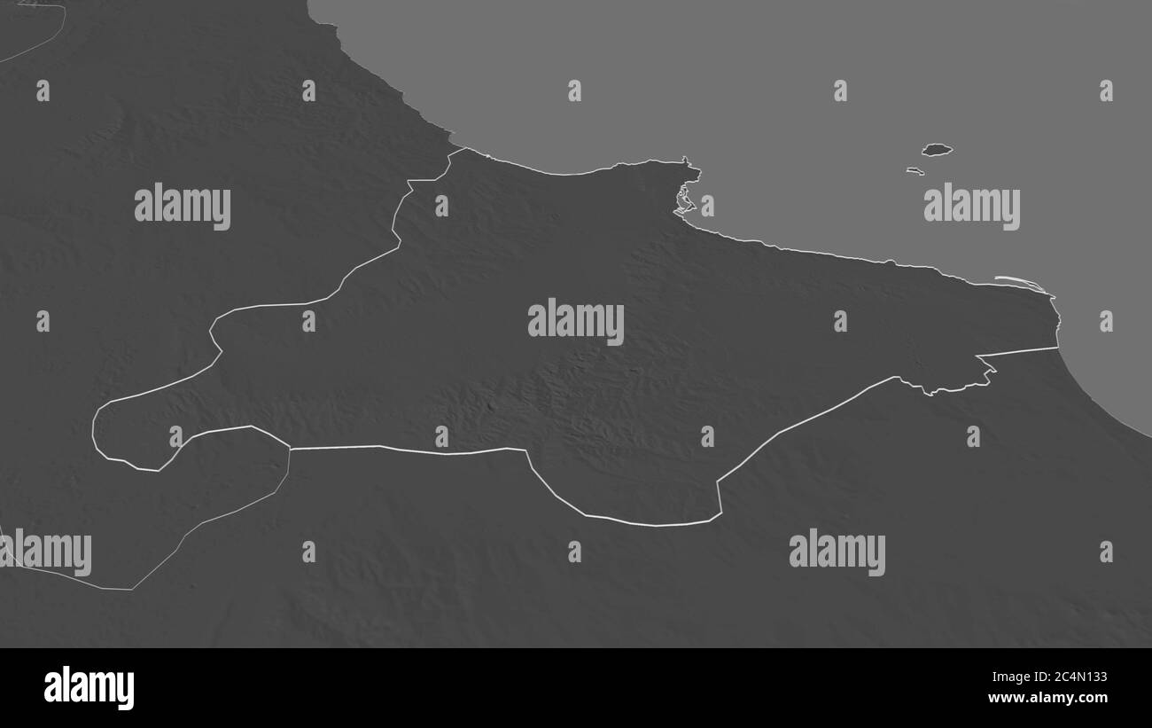 Zoom in on Monastir (governorate of Tunisia) outlined. Oblique ...