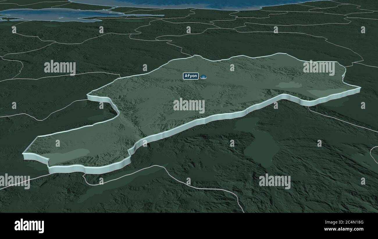 Zoom in on Afyon (province of Turkey) extruded. Oblique perspective ...