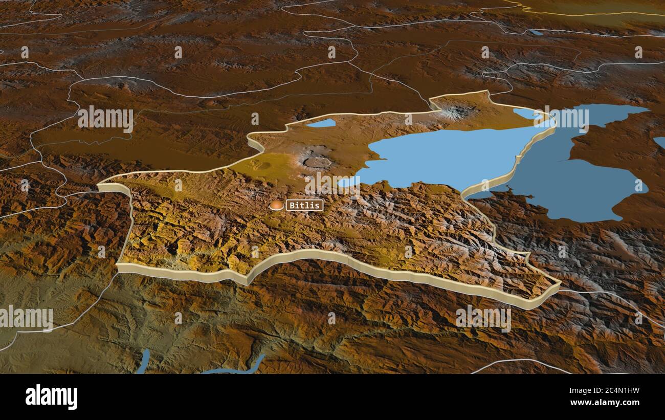 Zoom in on Bitlis (province of Turkey) extruded. Oblique perspective ...