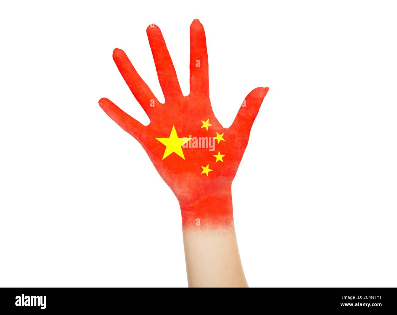 China flag painted on open human palm isolated on white background Stock Photo