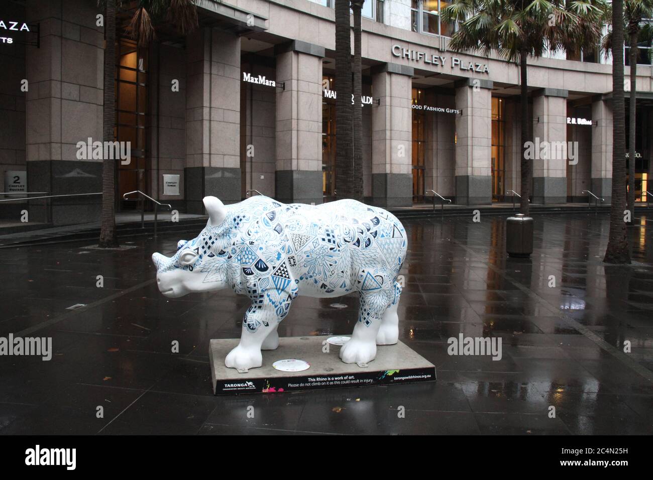 The rhino sculpture called ‘Porcelaine Rhino’ by Rachel Chu, sponsored by QBE Australia. It is located in front of the Chifley Plaza. Stock Photo