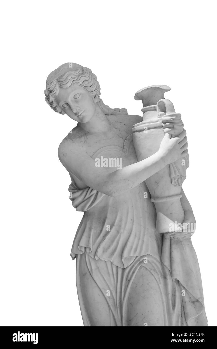 Girl on a white background and ancient Greek sculpture holding a vase Stock Photo