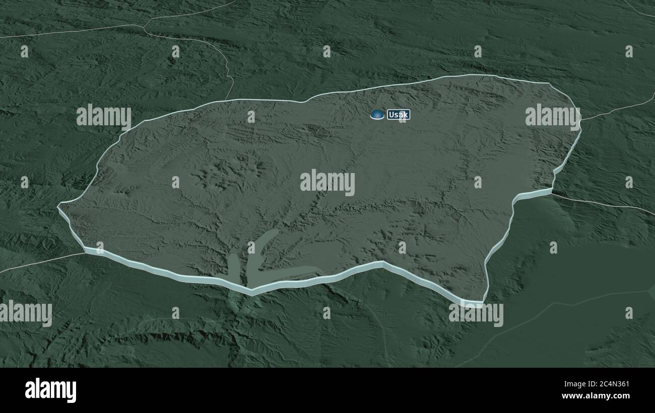 Zoom in on Usak (province of Turkey) extruded. Oblique perspective ...