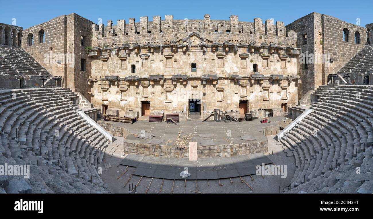 Roman amphitheater of Aspendos ancient city near Antalya, Southern Turkey. Panorama view Stock Photo