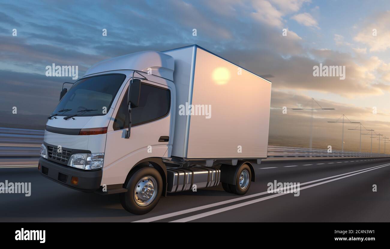 White Delivery Truck on the Highway 3D Rendering Stock Photo - Alamy