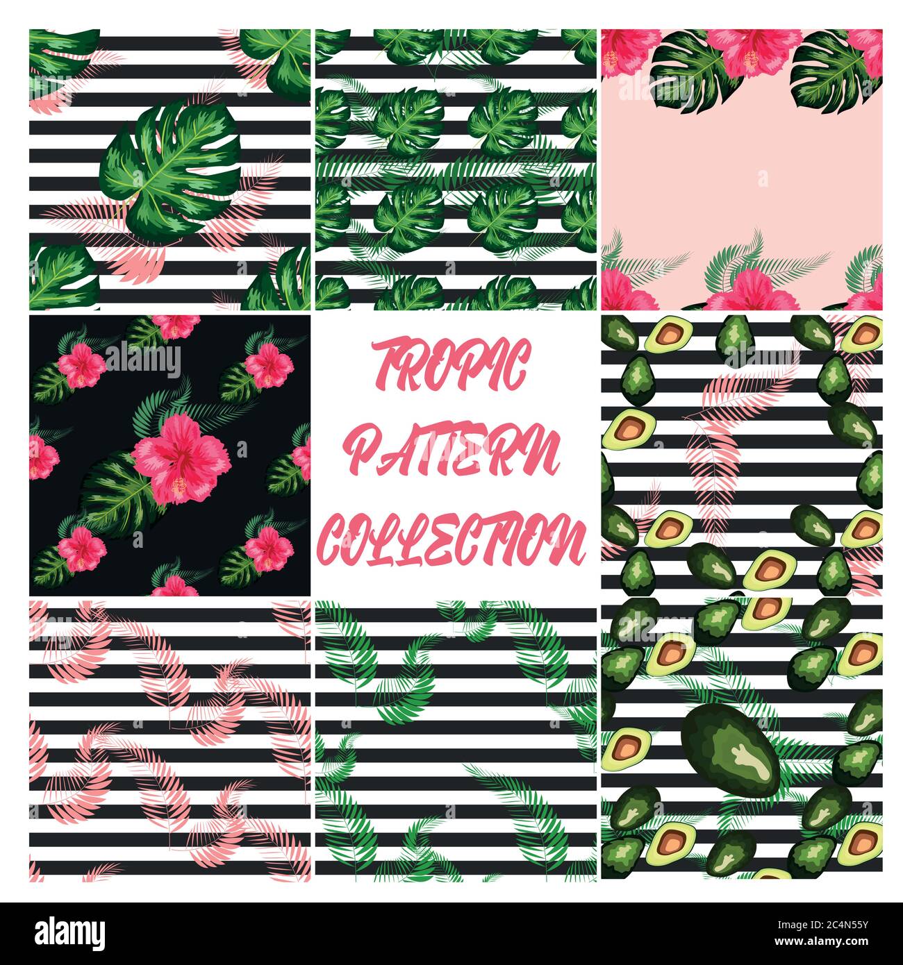 Modern vector seamless pattern with trendy tropical leaves and avocado ...