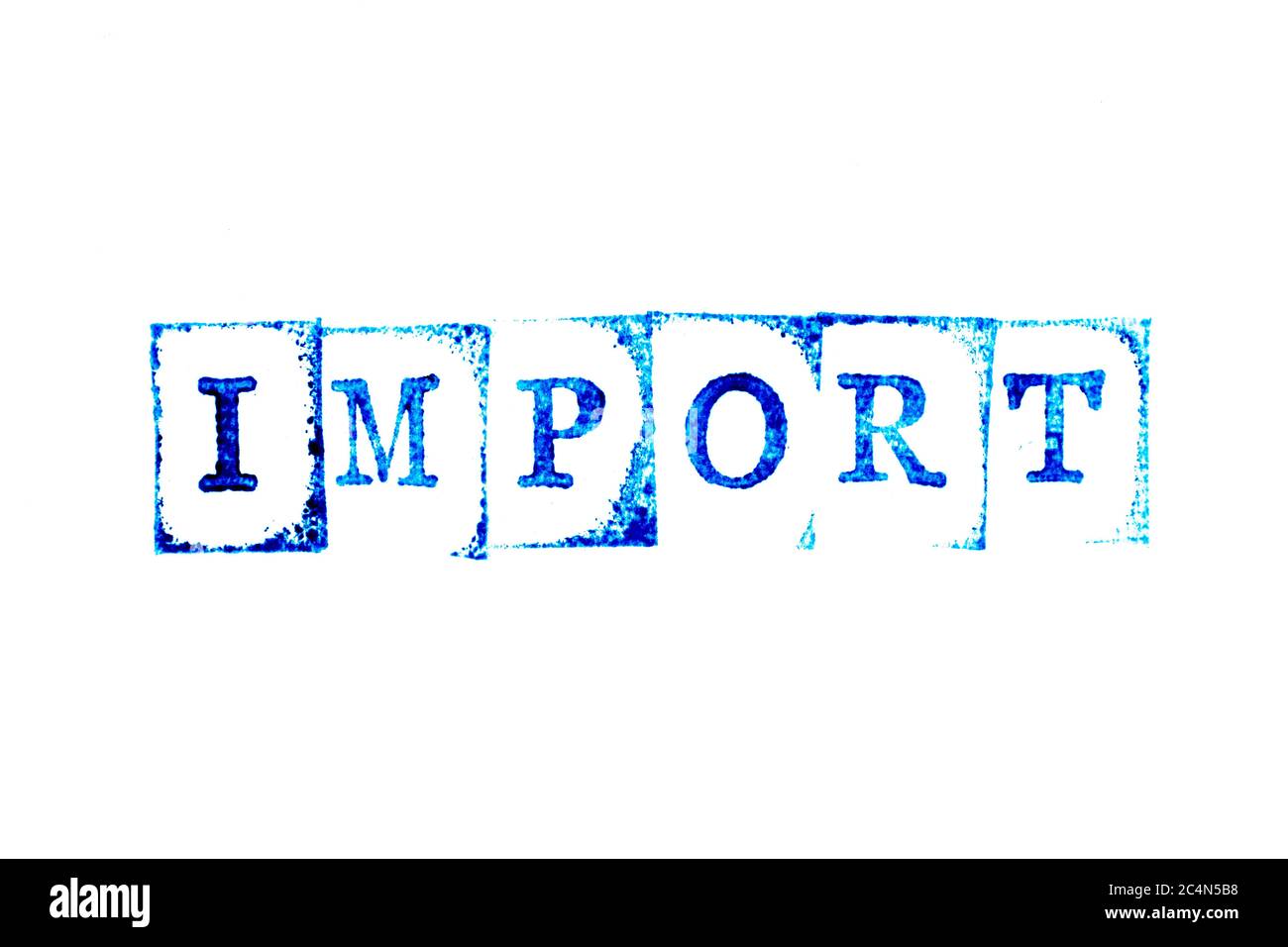 Blue ink of rubber stamp in word import on white paper background Stock