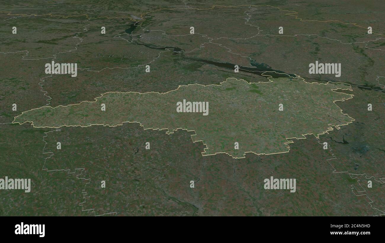 Zoom in on Kirovohrad (region of Ukraine) outlined. Oblique perspective. Satellite imagery. 3D rendering Stock Photo