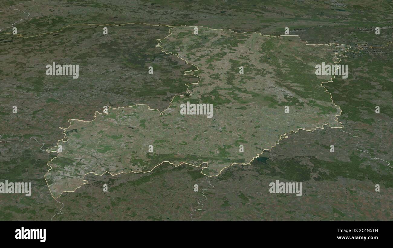 Zoom in on Rivne (region of Ukraine) outlined. Oblique perspective. Satellite imagery. 3D rendering Stock Photo