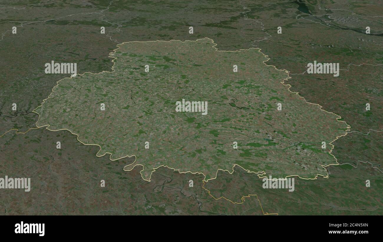 Zoom in on Vinnytsya (region of Ukraine) outlined. Oblique perspective. Satellite imagery. 3D rendering Stock Photo