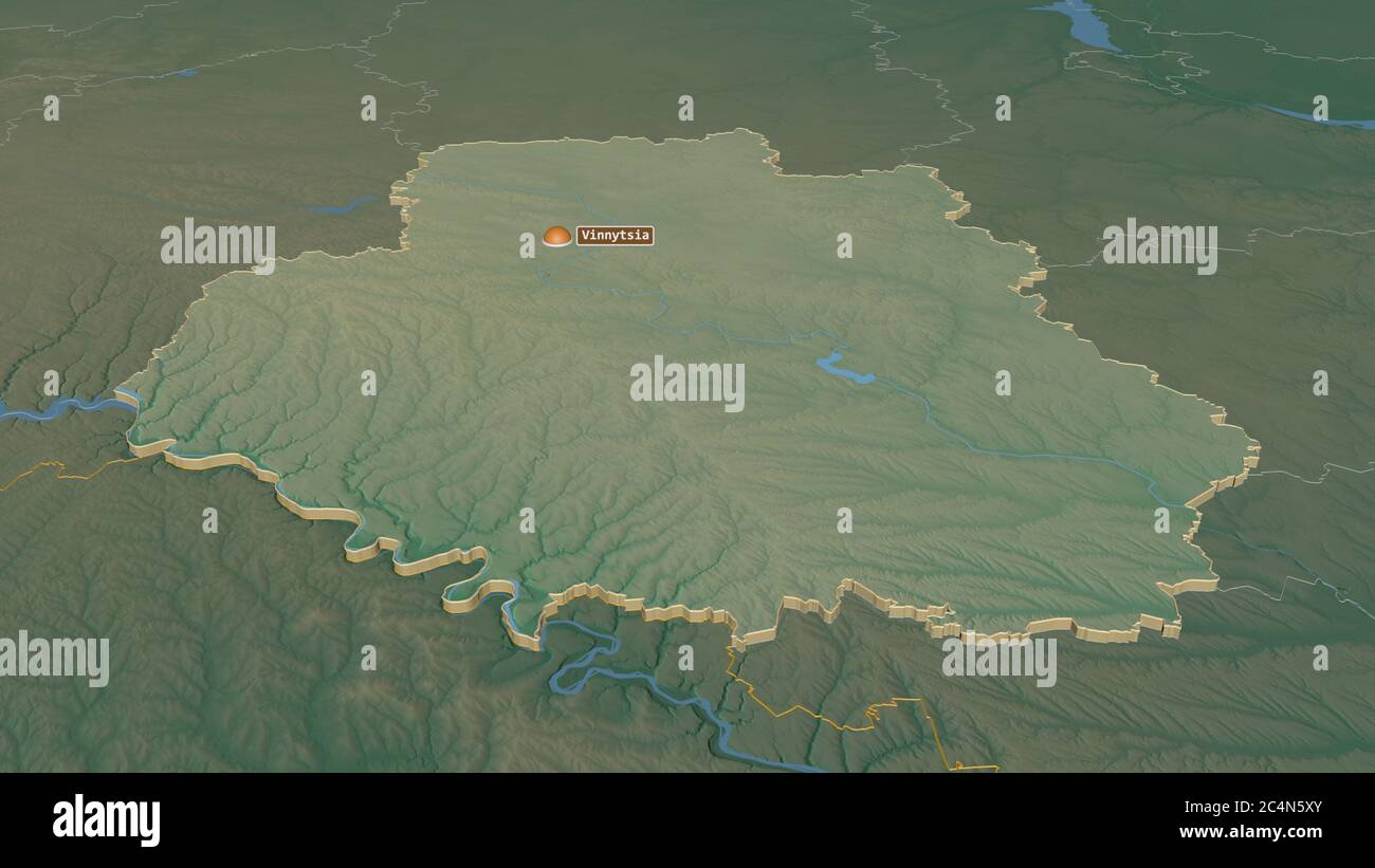 Zoom in on Vinnytsya (region of Ukraine) extruded. Oblique perspective. Topographic relief map with surface waters. 3D rendering Stock Photo