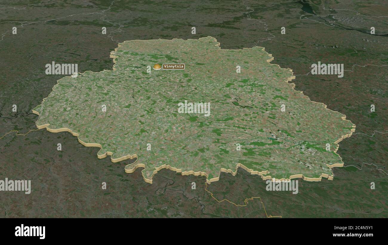 Zoom in on Vinnytsya (region of Ukraine) extruded. Oblique perspective. Satellite imagery. 3D rendering Stock Photo
