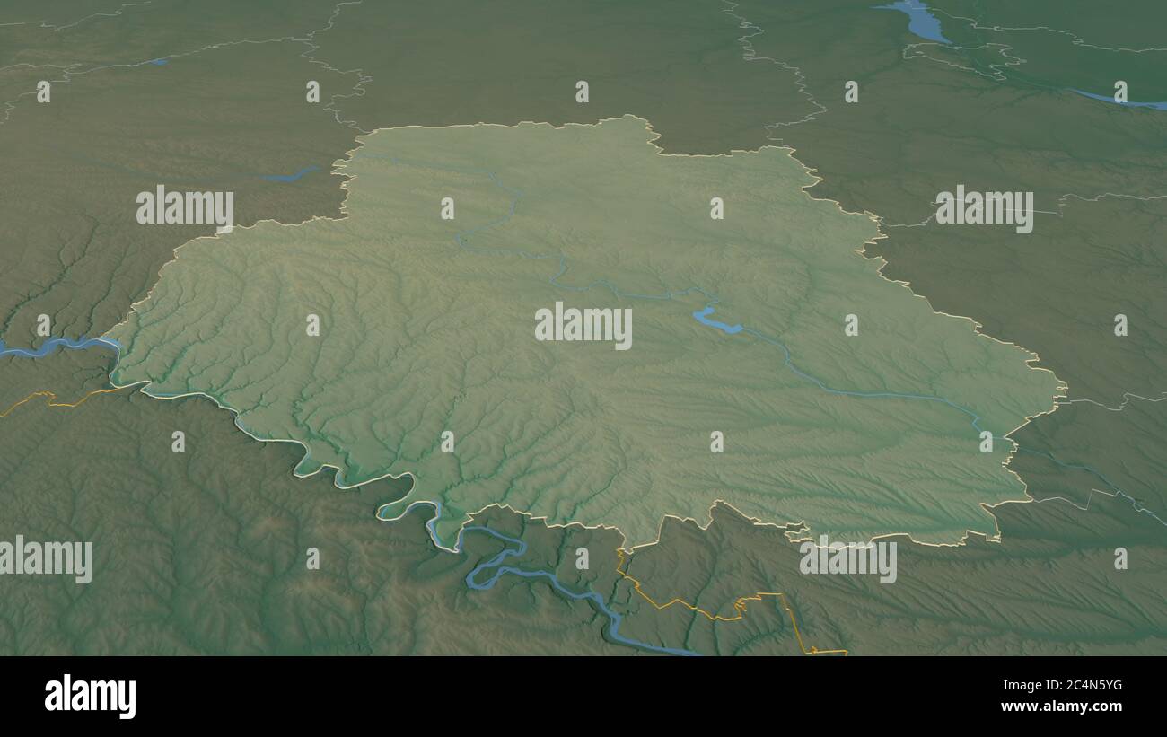 Zoom in on Vinnytsya (region of Ukraine) outlined. Oblique perspective. Topographic relief map with surface waters. 3D rendering Stock Photo