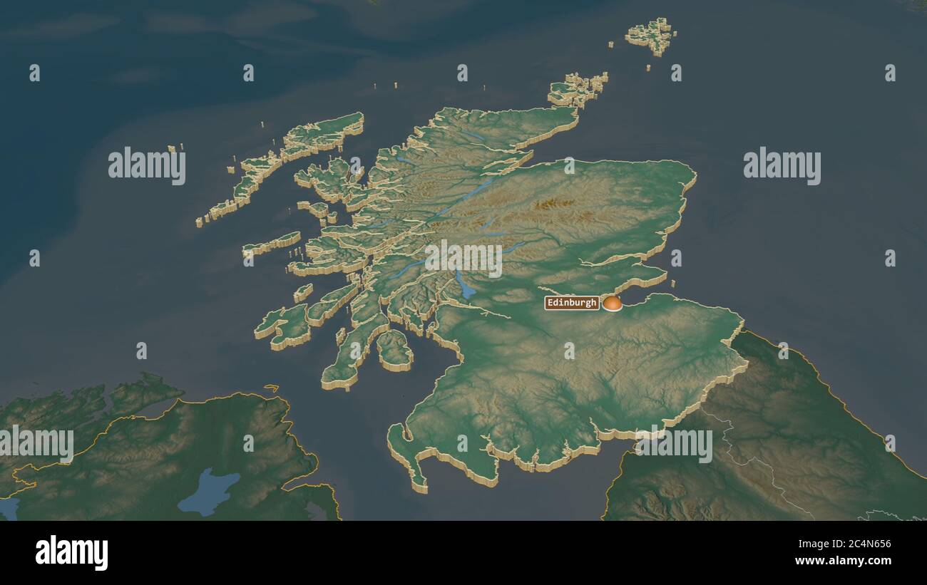 Zoom in on Scotland (region of United Kingdom) extruded. Oblique perspective. Topographic relief map with surface waters. 3D rendering Stock Photo