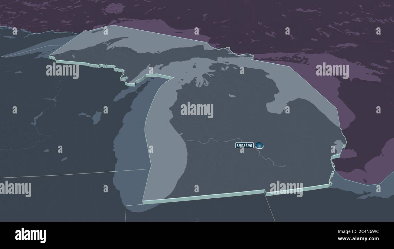 Michigan Projection File Zoom in on Michigan (state of United States) extruded. Oblique ...
