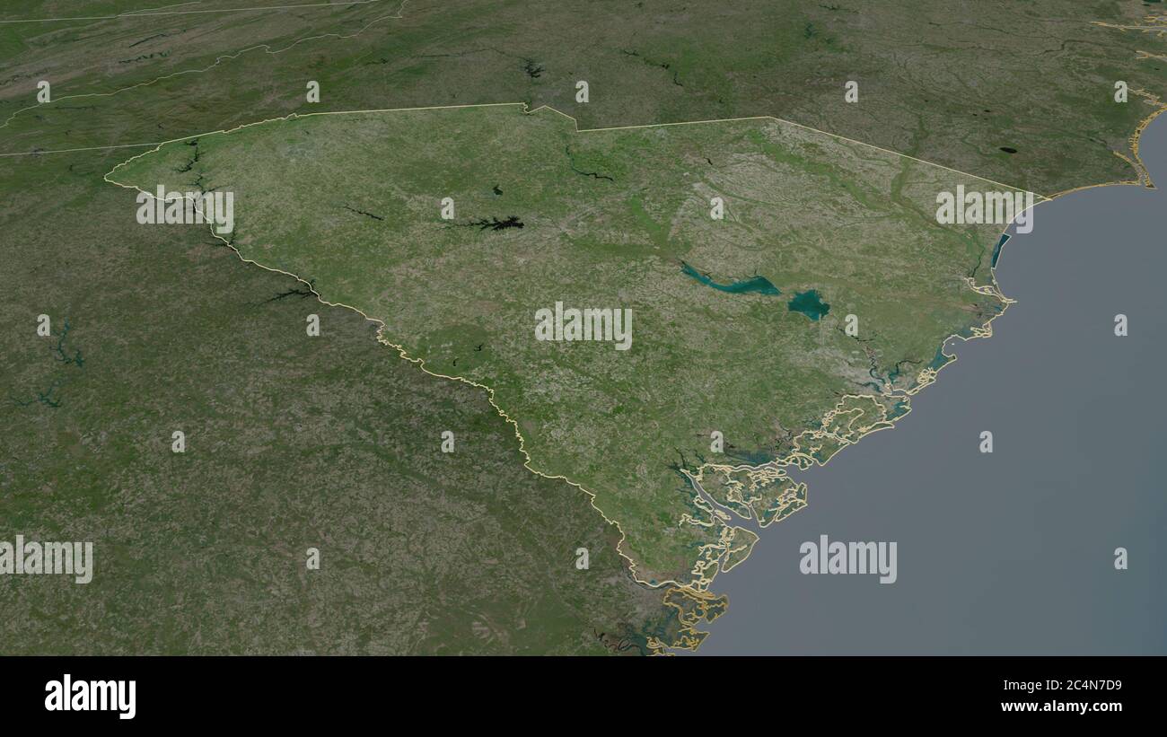 Zoom in on South Carolina (state of United States) outlined. Oblique perspective. Satellite