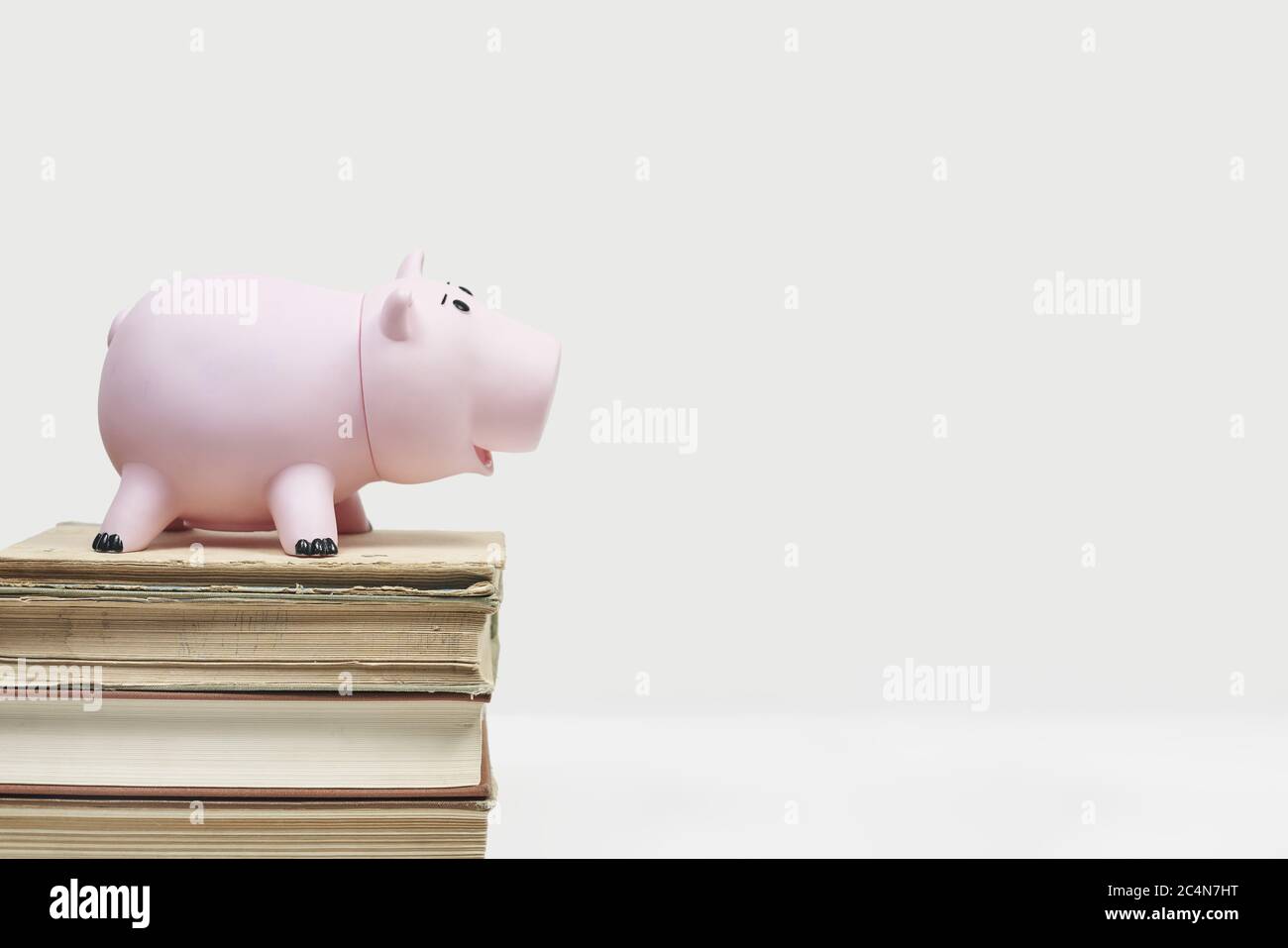Stack of old books with a piggy bank on top Stock Photo - Alamy