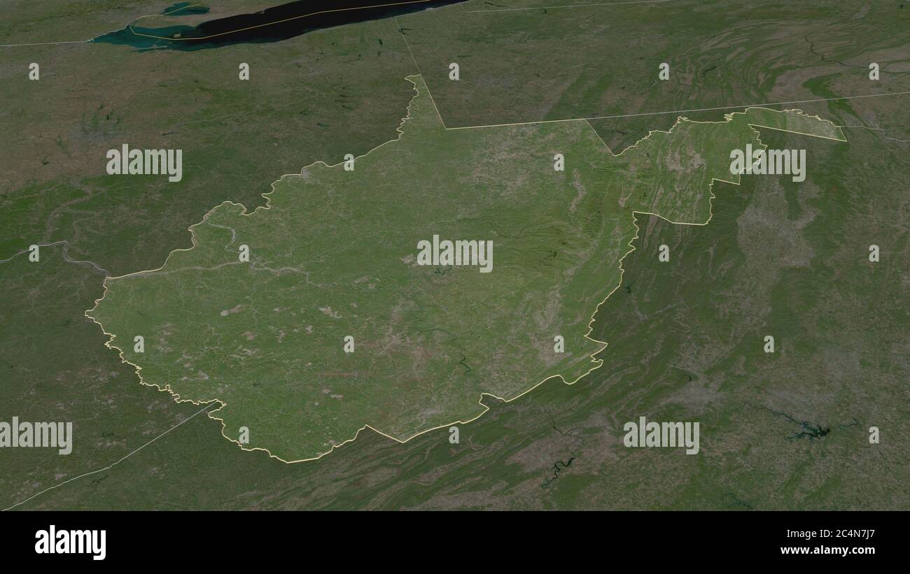 Zoom in on West Virginia (state of United States) outlined. Oblique