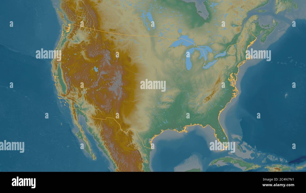 Outlined shape of the United States - Outlined Shape Of The United States Area Topographic Relief Map With Surface Waters 3d Rendering 2C4N7N1 
