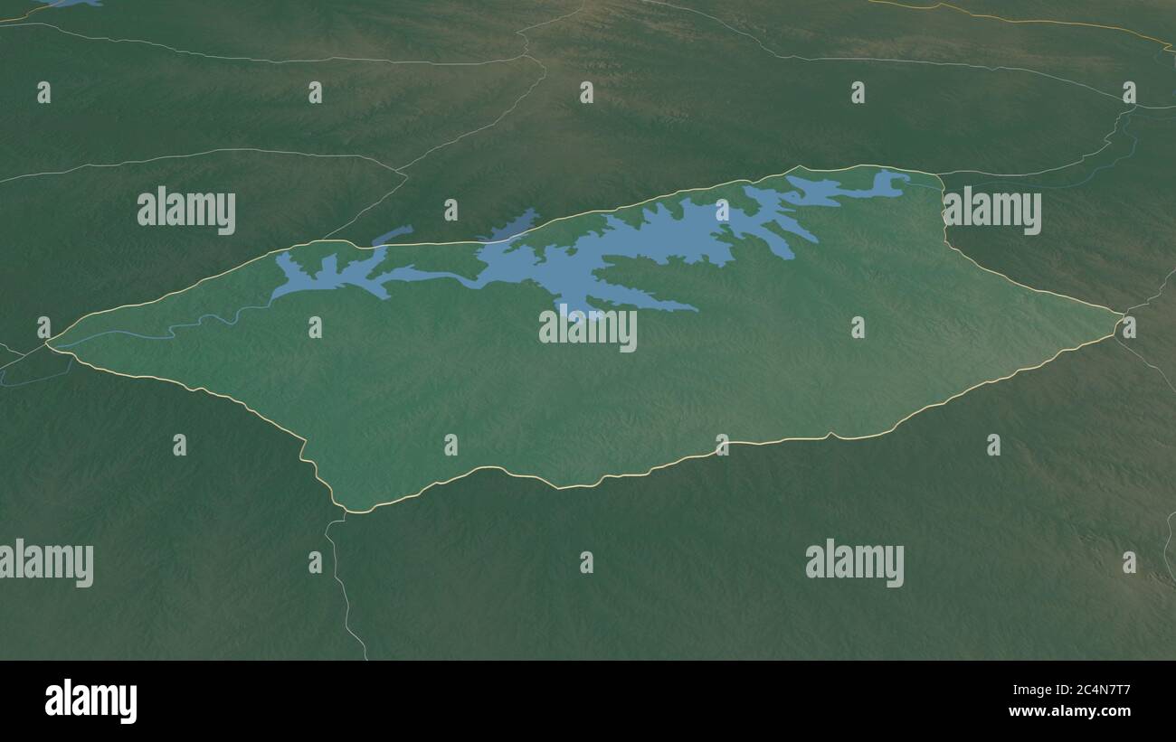 Zoom in on Durazno (department of Uruguay) outlined. Oblique perspective. Topographic relief map with surface waters. 3D rendering Stock Photo