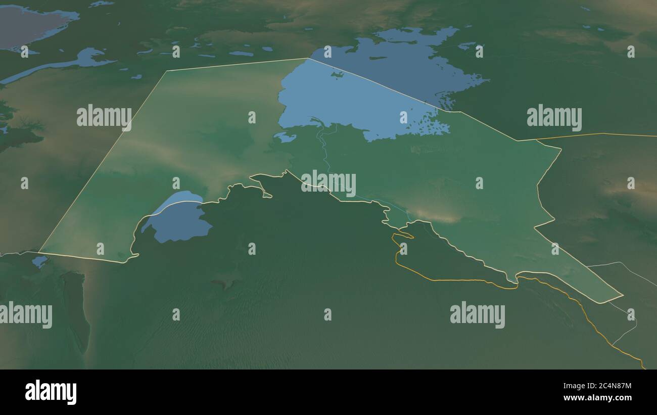 Zoom in on Karakalpakstan (autononous region of Uzbekistan) outlined. Oblique perspective. Topographic relief map with surface waters. 3D rendering Stock Photo