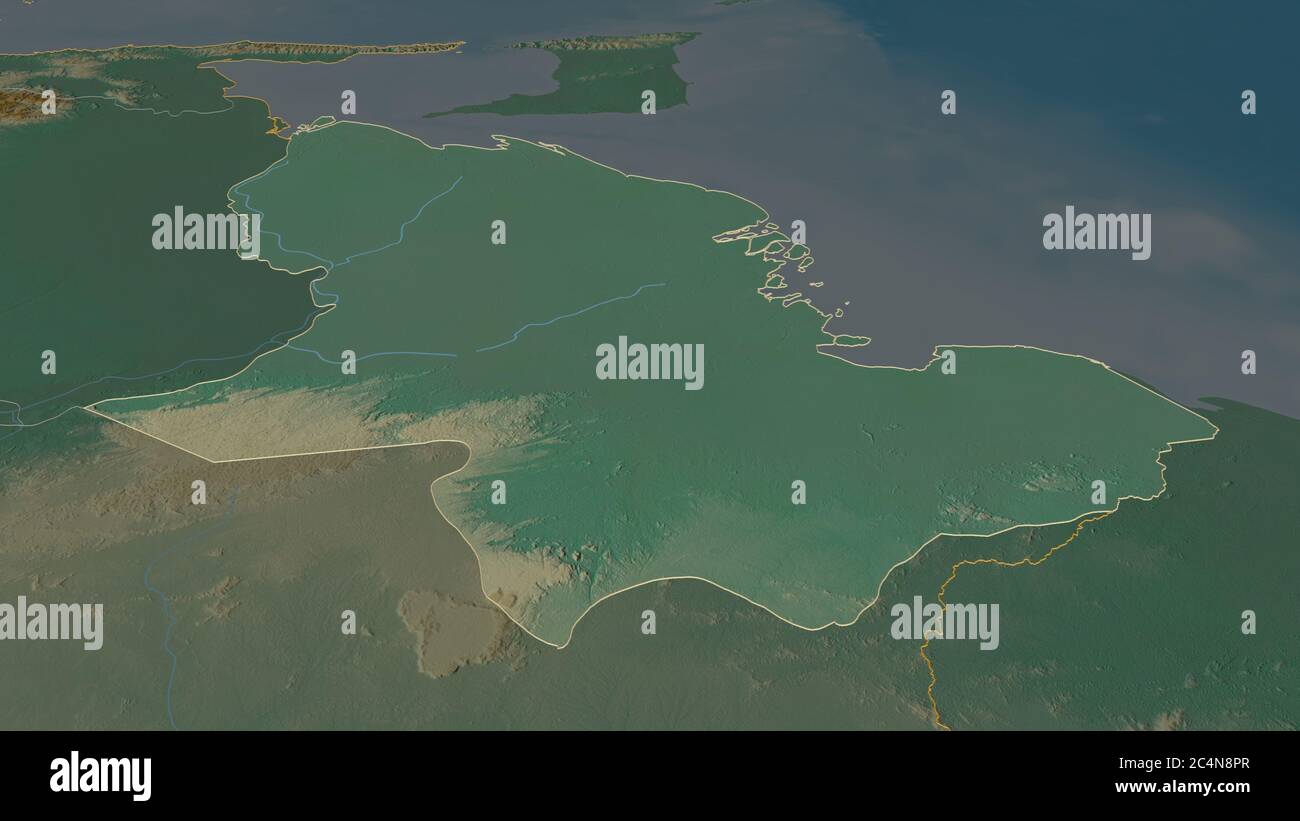 Zoom in on Delta Amacuro (state of Venezuela) outlined. Oblique perspective. Topographic relief map with surface waters. 3D rendering Stock Photo