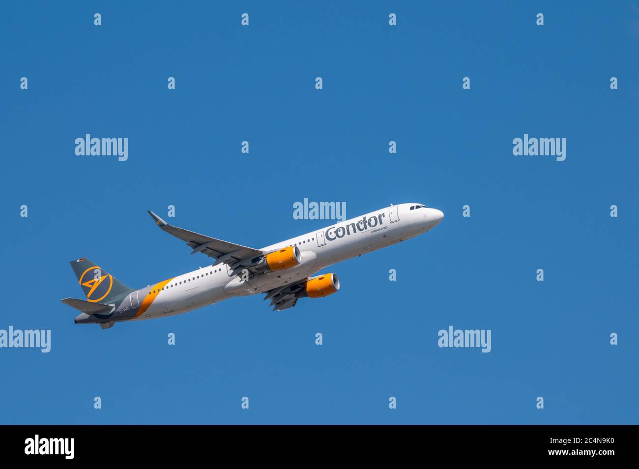 Condor airlines Airbus A321 registration D-AIAG shortly after take off climbing into the sky Stock Photo
