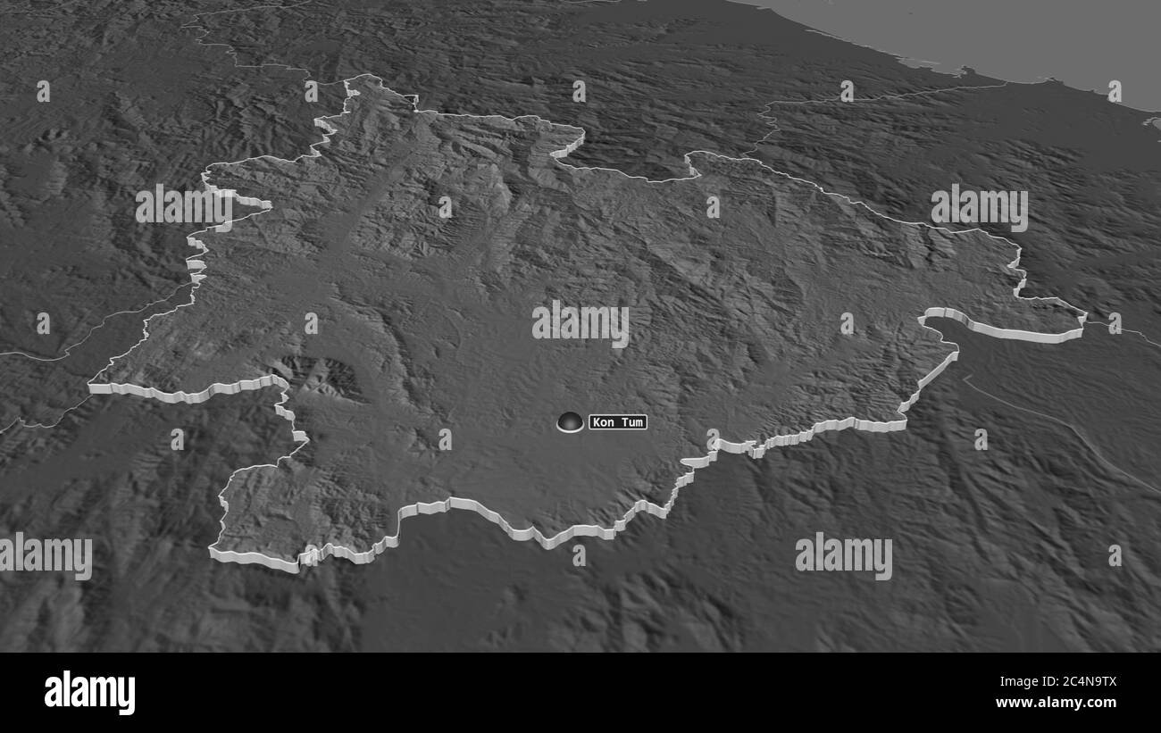 Zoom in on Kon Tum (province of Vietnam) extruded. Oblique perspective. Bilevel elevation map with surface waters. 3D rendering Stock Photo