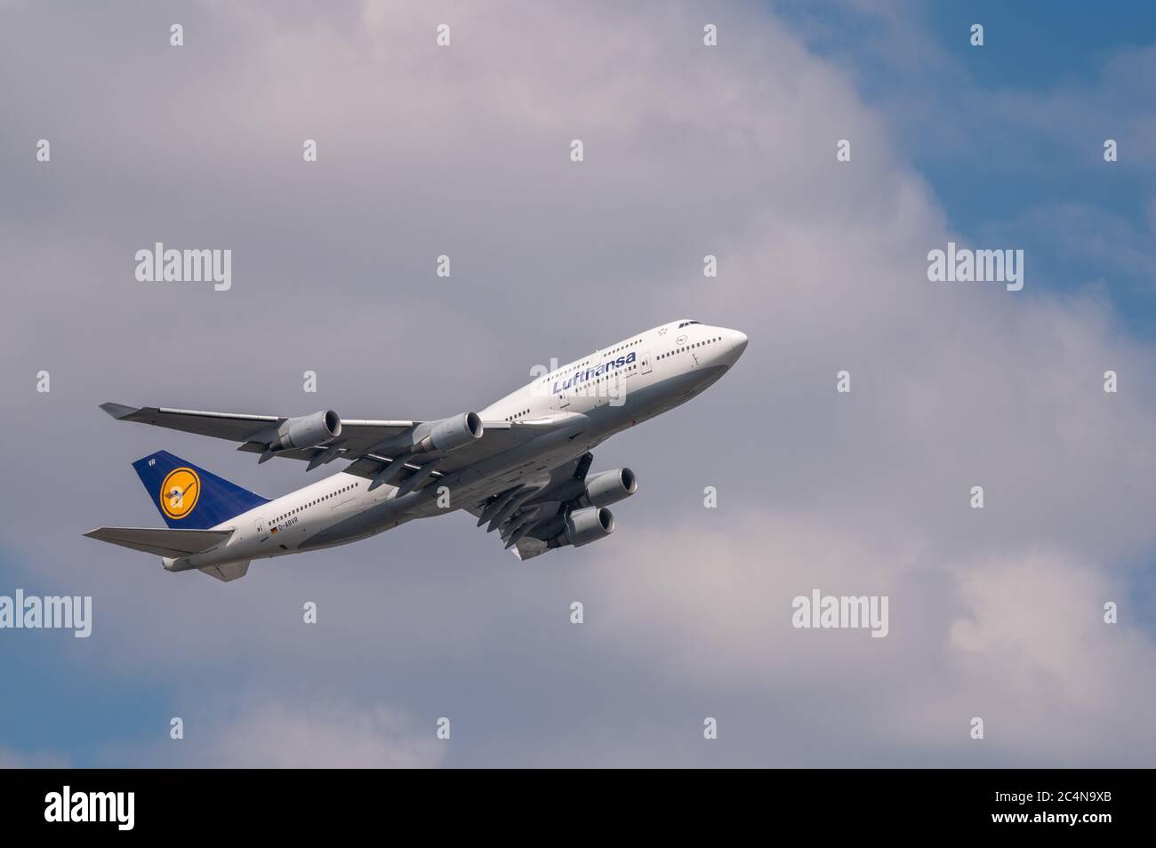 Lufthansa Airlines Boeing 747-400 passenger aircraft registration D-ABVR shortly after take off from Frankfurt am Main airport Stock Photo