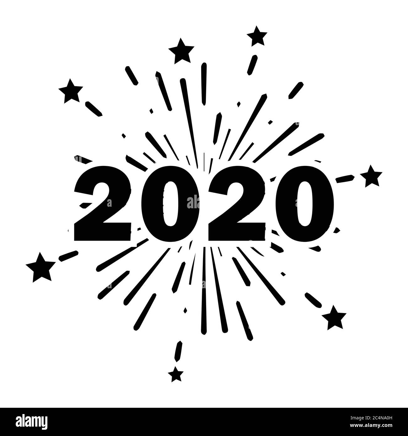 2020 Fireworks Stars New Year Celebration event. Black Poster Illustration Isolated on a White Background. EPS Vector Stock Vector
