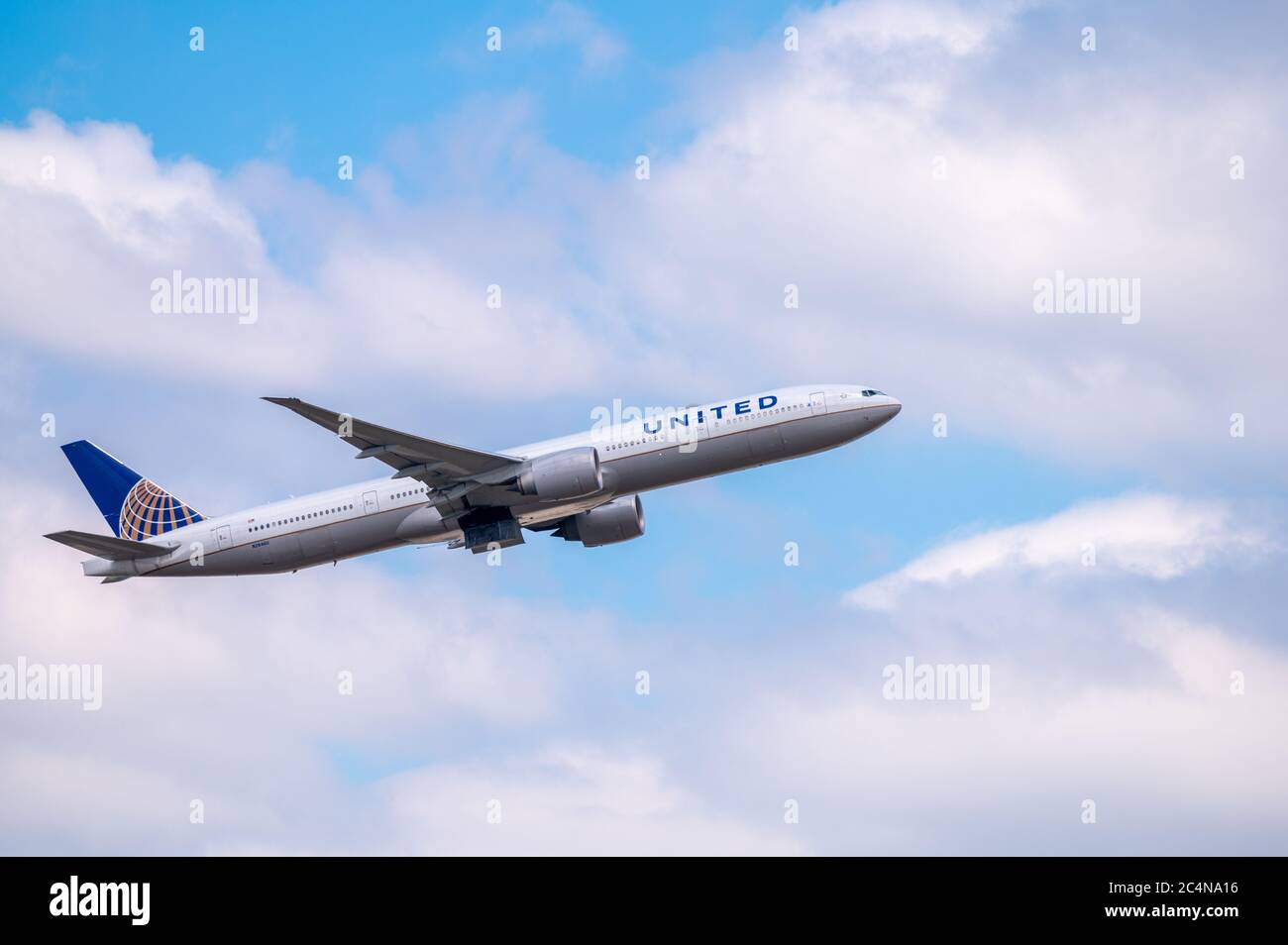 United Airlines Boeing 777-300ER passenger aircraft registration N2846U shortly after take off from Frankfurt am Main airport Stock Photo