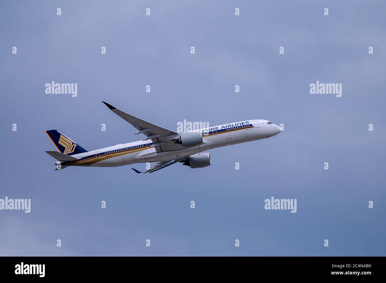 Singapore Airlines Airbus A350-900 passenger aircraft registration 9V-SMY shortly after take off from Frankfurt am Main airport Stock Photo