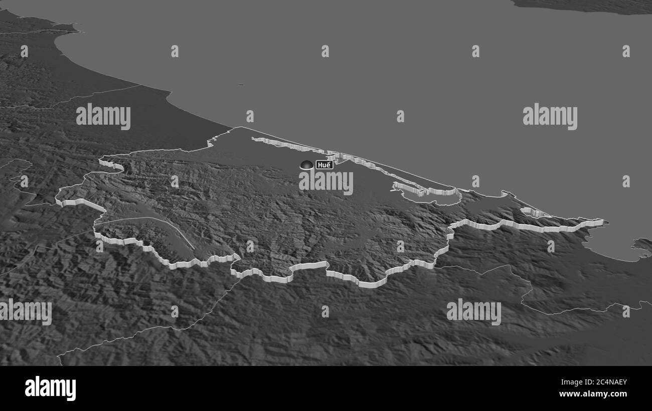 Zoom in on Thừa Thiên-Huế (province of Vietnam) extruded. Oblique perspective. Bilevel elevation map with surface waters. 3D rendering Stock Photo