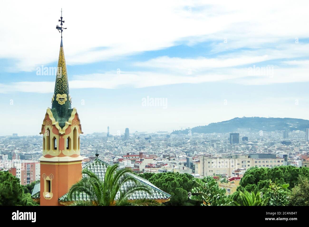 Aerial view of Barcelona and Gaudi House Museum at Guell park in Catalonia, Spain Stock Photo