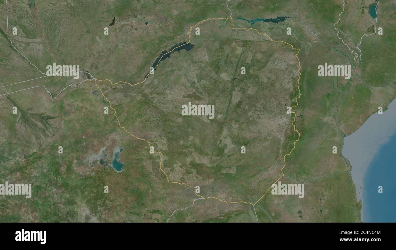 Outlined shape of the Zimbabwe area. Satellite imagery. 3D rendering ...