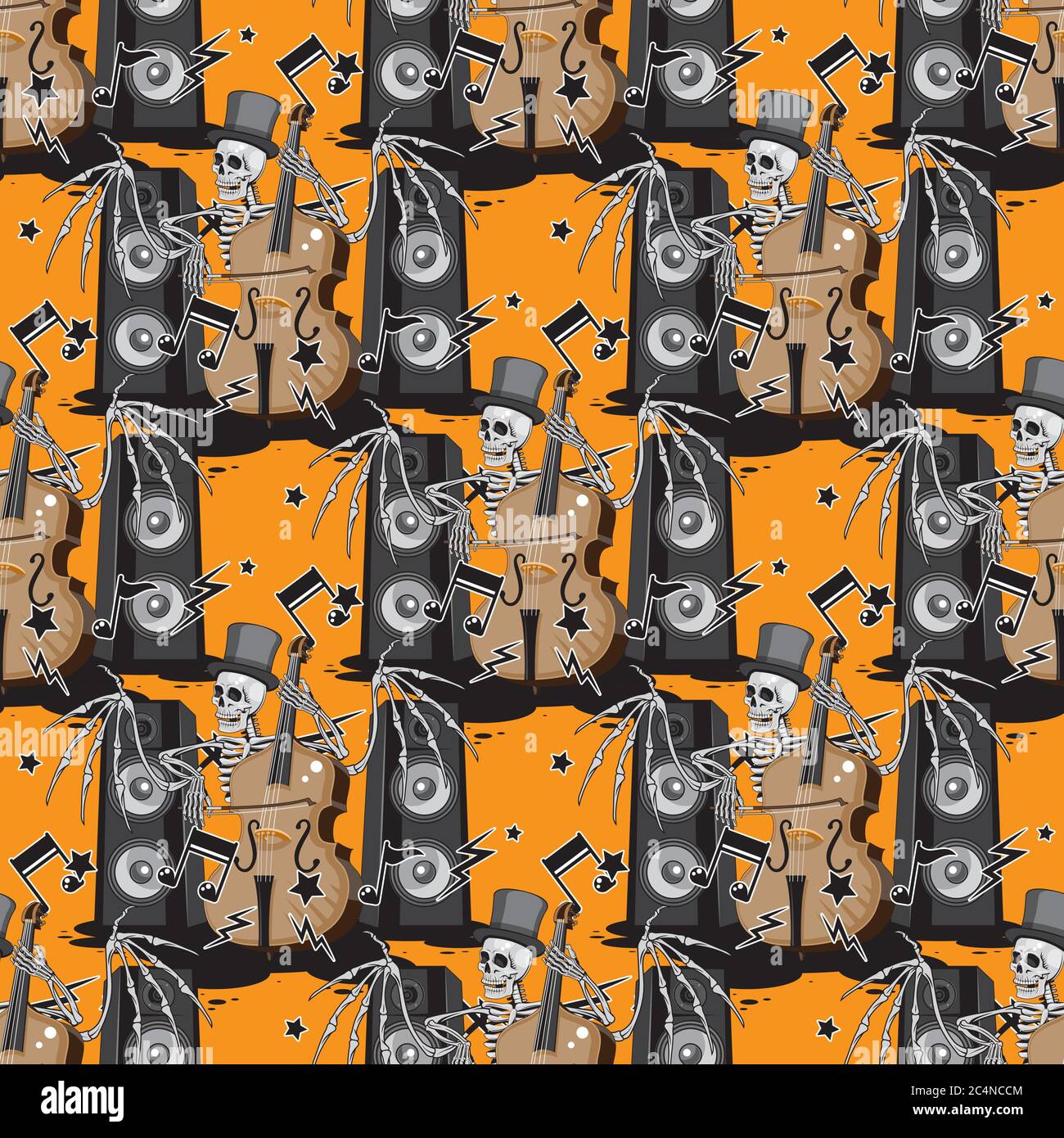 a seamless pattern of a skeleton with wings in a hat plays a double bass music dynamics notes on an orange background. Vector image Stock Vector
