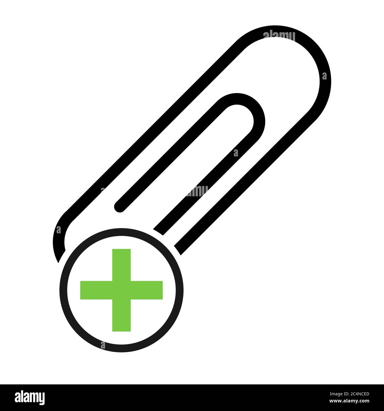 Paper clip with green plus, black color isolated on white background. School element vector . Stock Vector