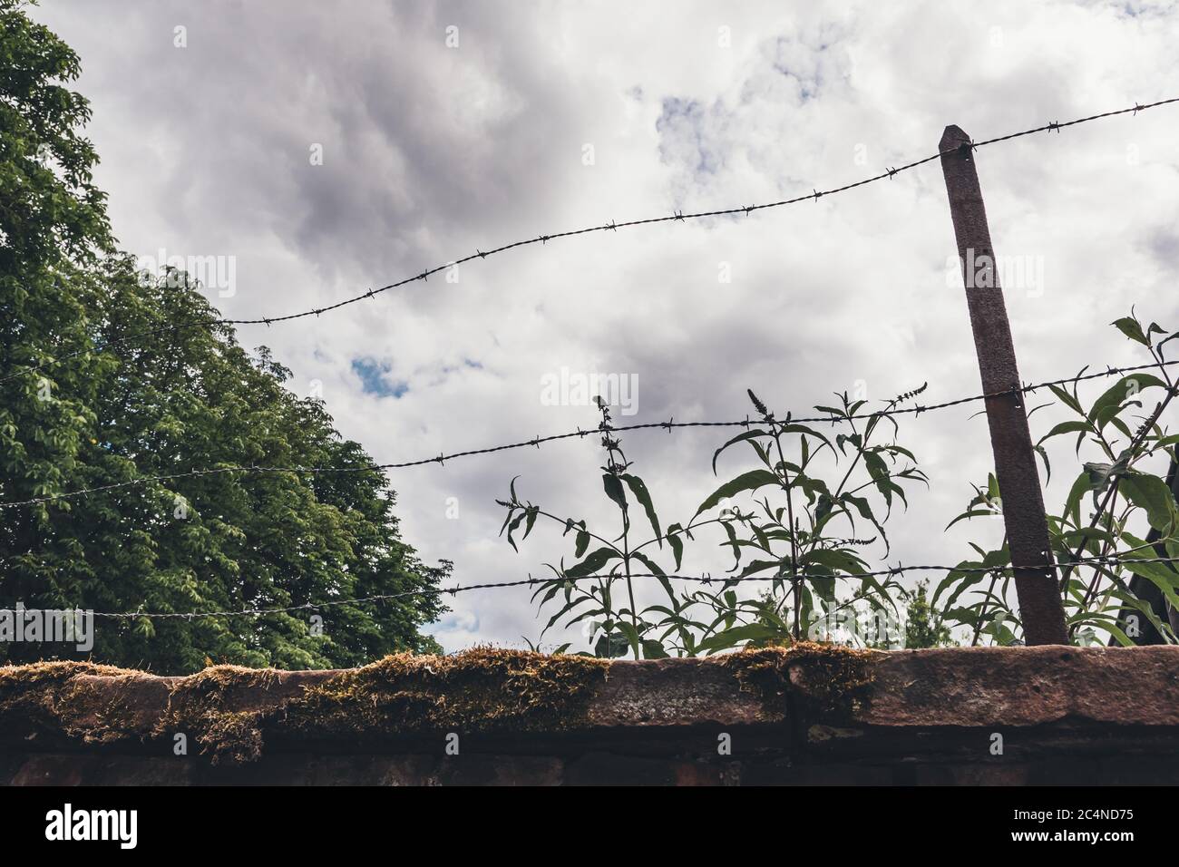 Metal sharp fence with thors under the cloudy sky Stock Photo