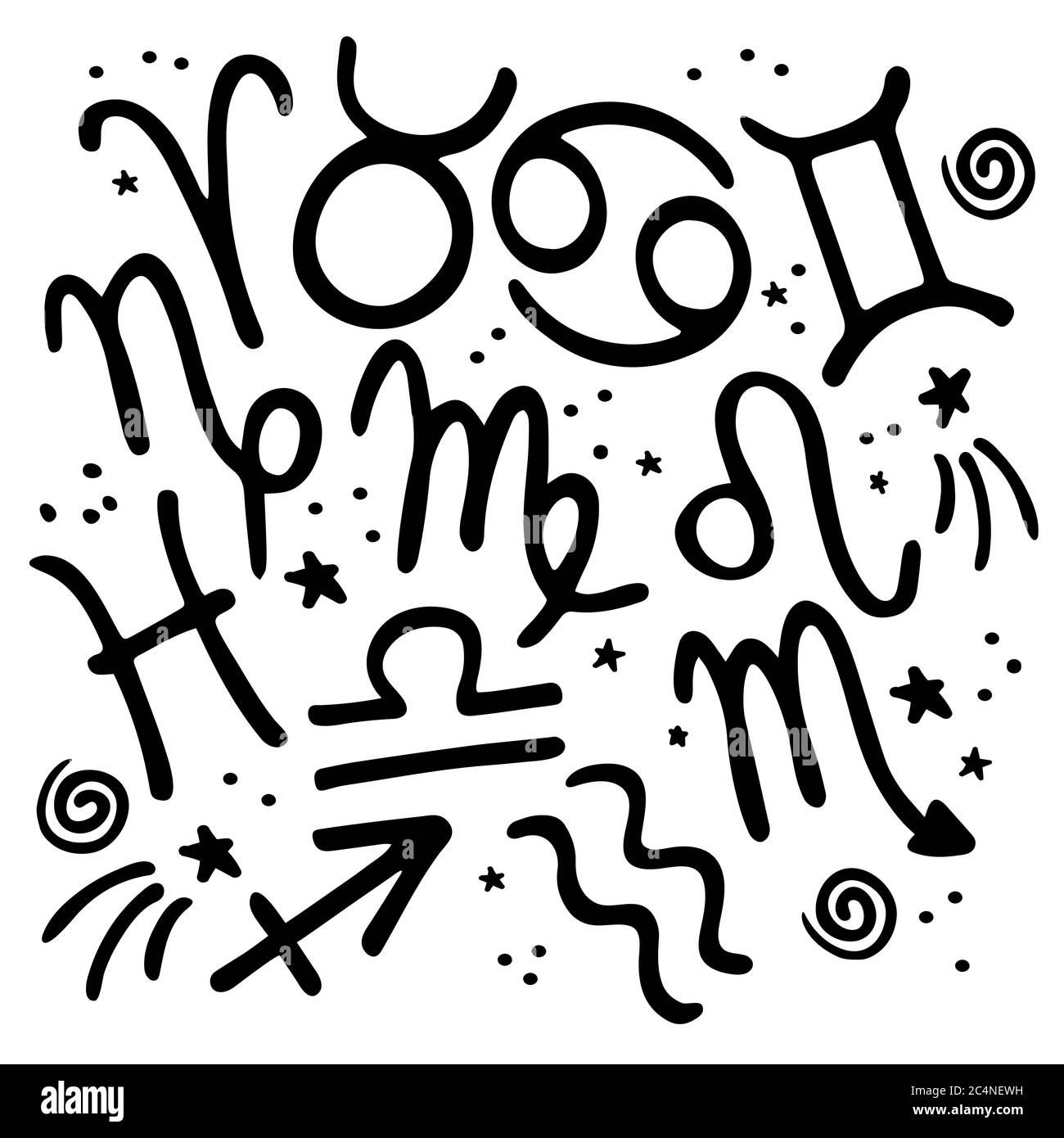 Zodiac signs concept with hand drawn elements. Banner, poster, card with horoscope signs. Black on white Stock Vector
