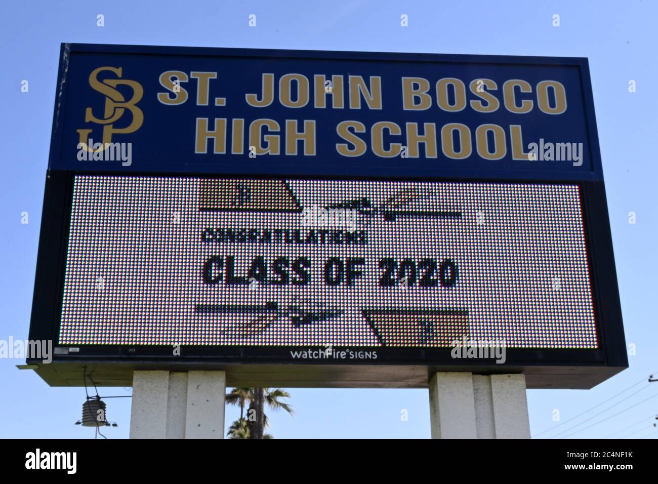 The St. John Bosco High School marquee sign amid the global coronavirus