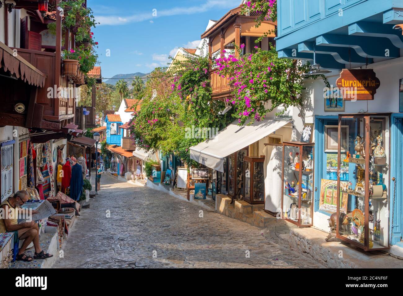 Street view in the Kas old town with boutique shops at evening, Turkey Stock Photo