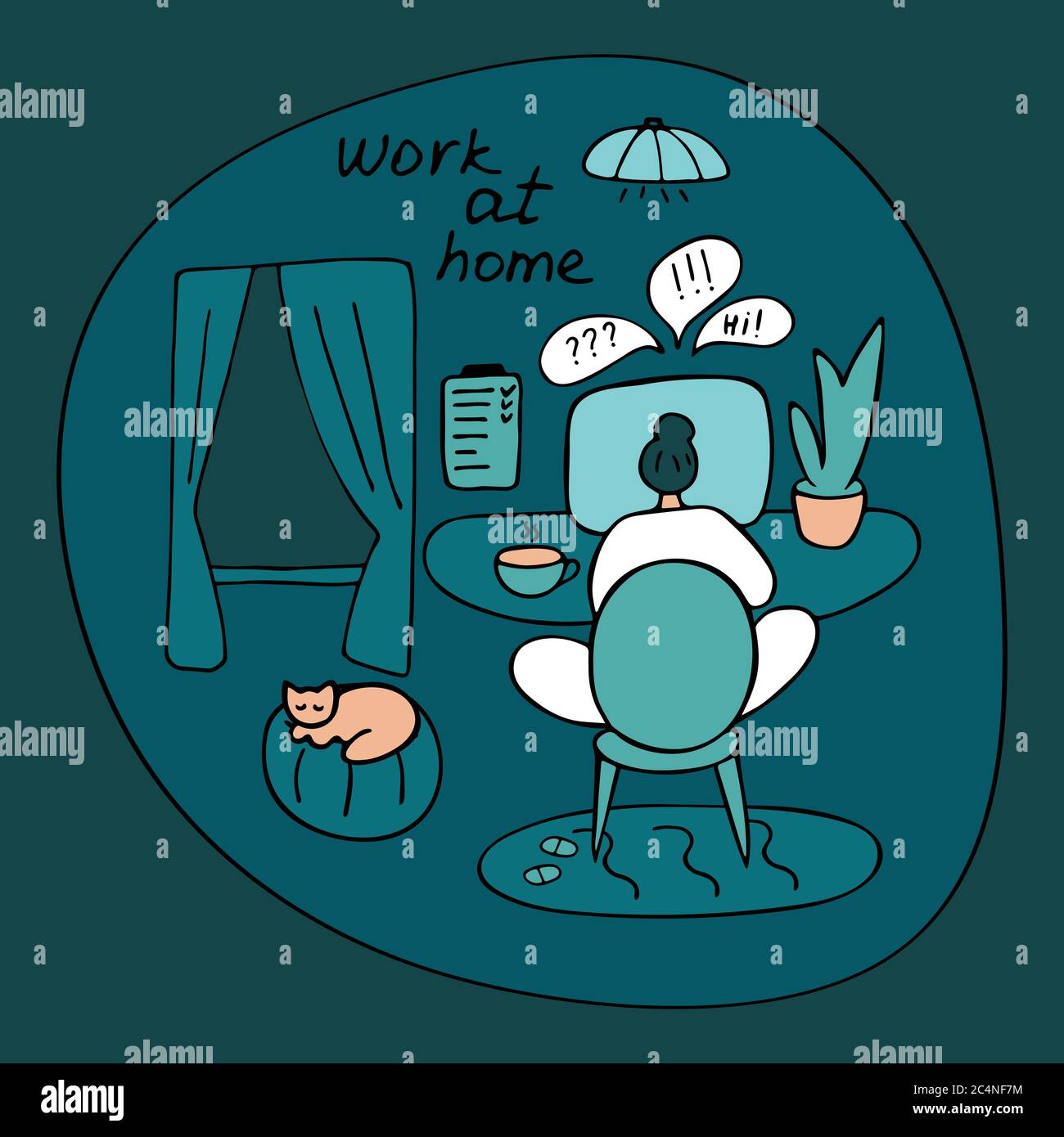 Cozy workplace at home. Woman works from home. Student is studying online. Remote work, study, courses. Online meeting or lesson, video conference, li Stock Vector