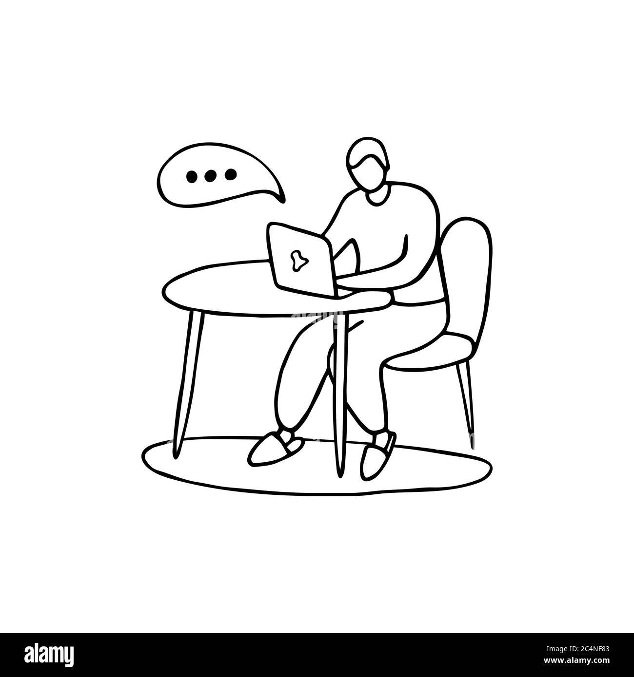 Man sitting at computer. Online training, work from home, online courses, video conferencing, online meetings. Communication on the Internet, social n Stock Vector