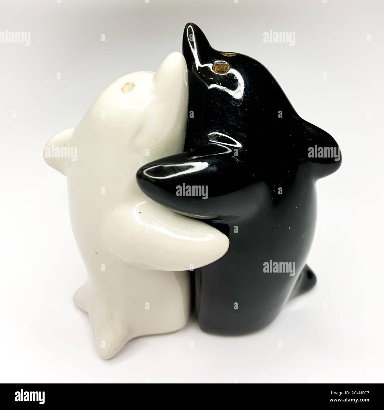 Black and white yin yang dolphin shaped salt and pepper shakers hugging