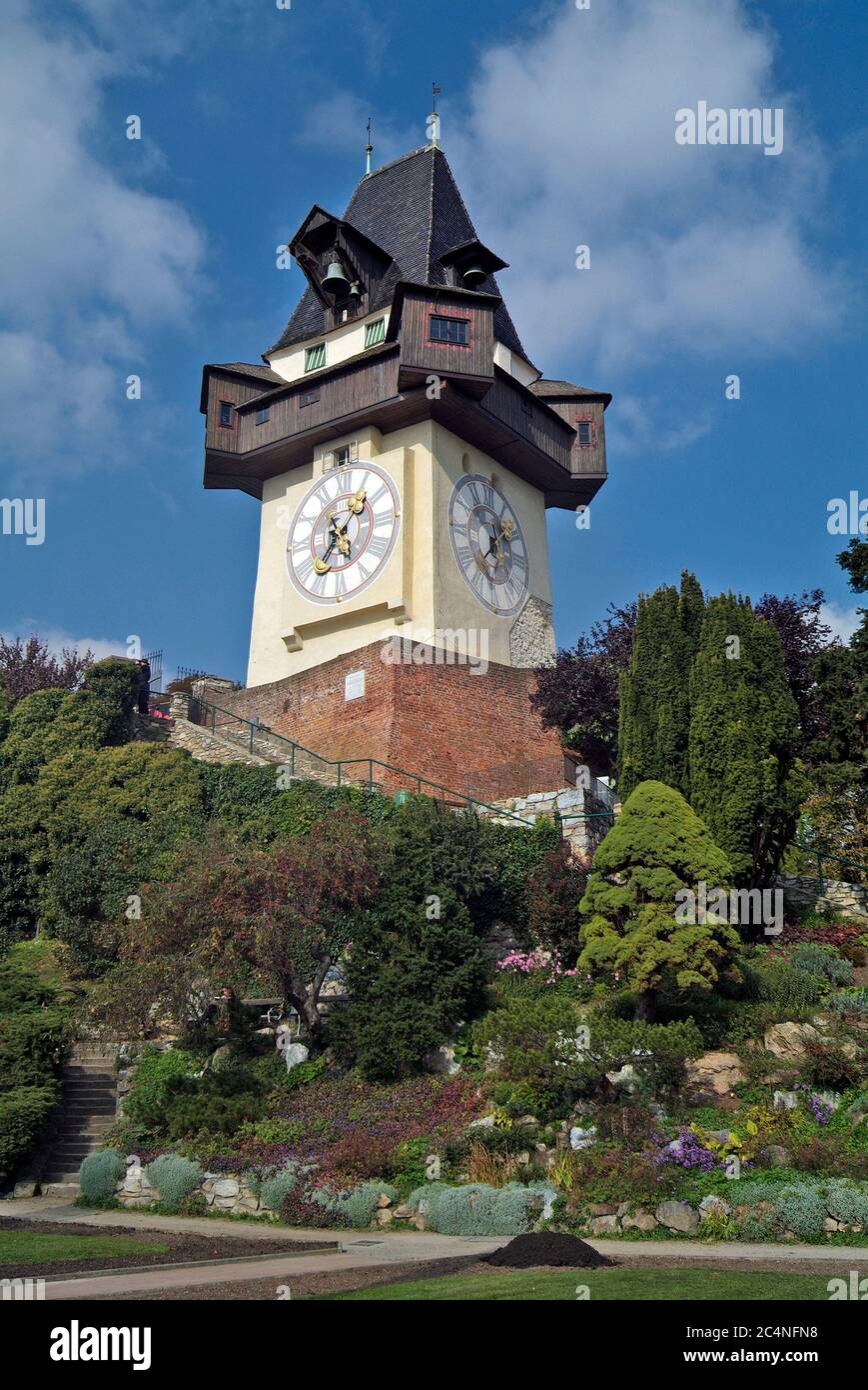 Austria, the medieval clock tower named Uhrturm is located on the top of Schlossberg hill and is the landmark of Graz, the capital of Styria Stock Photo