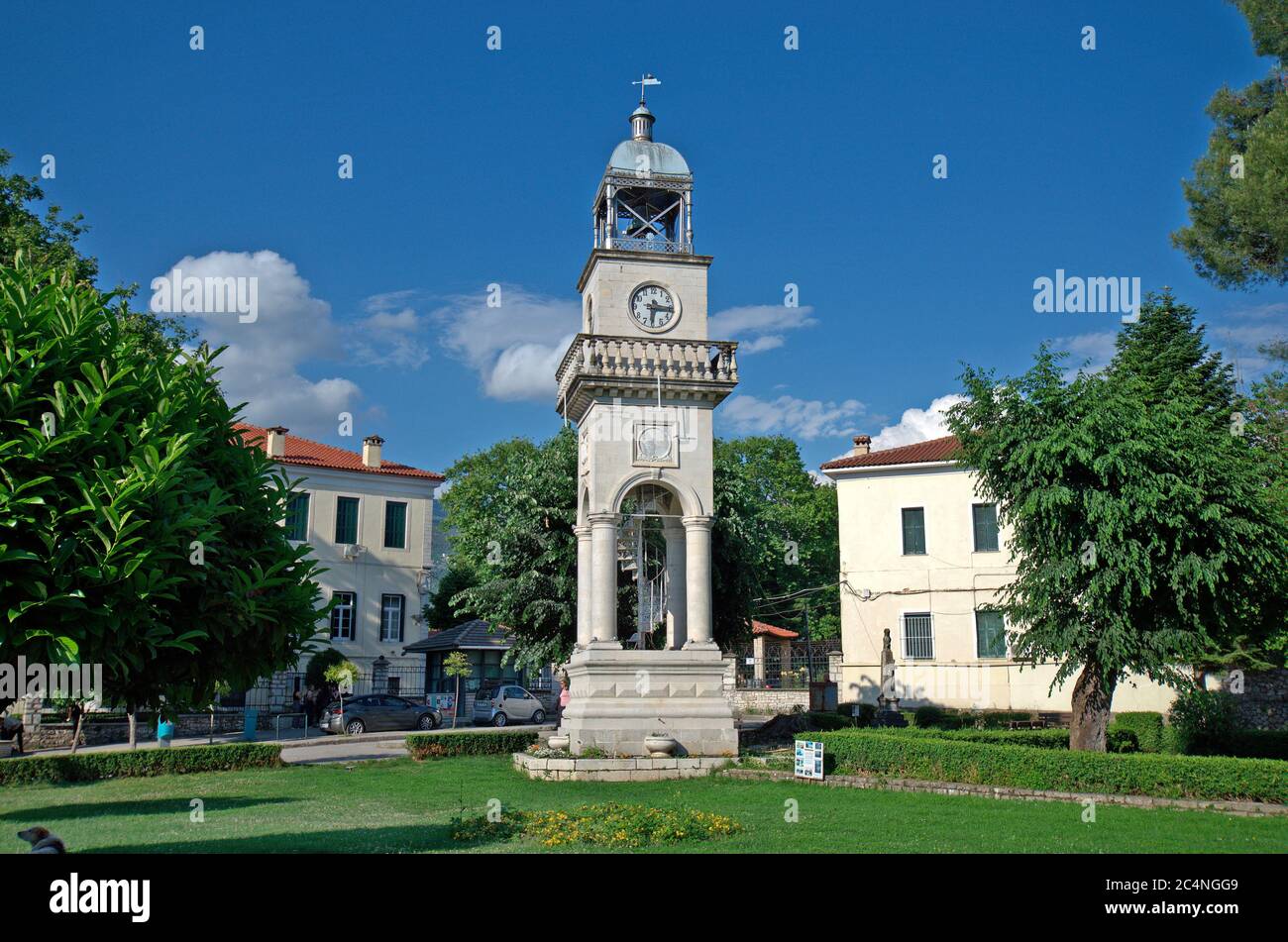 Ioannina, Greece - June 04, 2019: Unidentified people and clock tower with winding staircase in the capital of Epirus Stock Photo