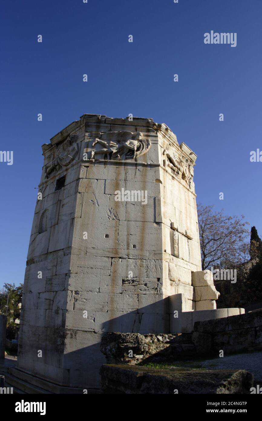 The Tower of the Winds, the Horologion of Andronikos Kyrrhestes, in the Roman Agora, Athens, Greece Stock Photo