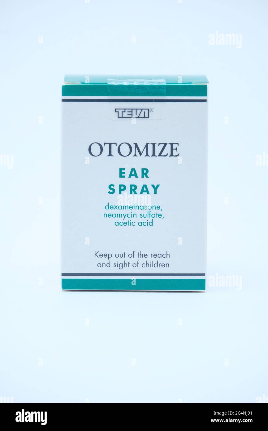 Otomize ear spray on a white background. Stock Photo