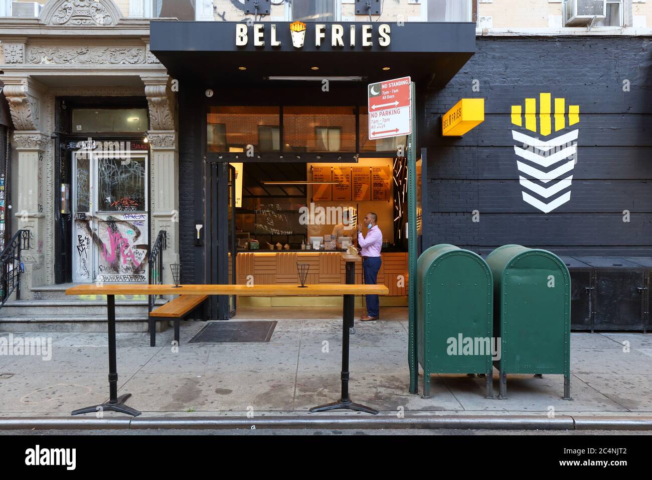 Bel-Fries, 132 Ludlow Street, New York, NY. exterior storefront of a Belgian fries shop in the Lower East Side neighborhood of Manhattan. Stock Photo